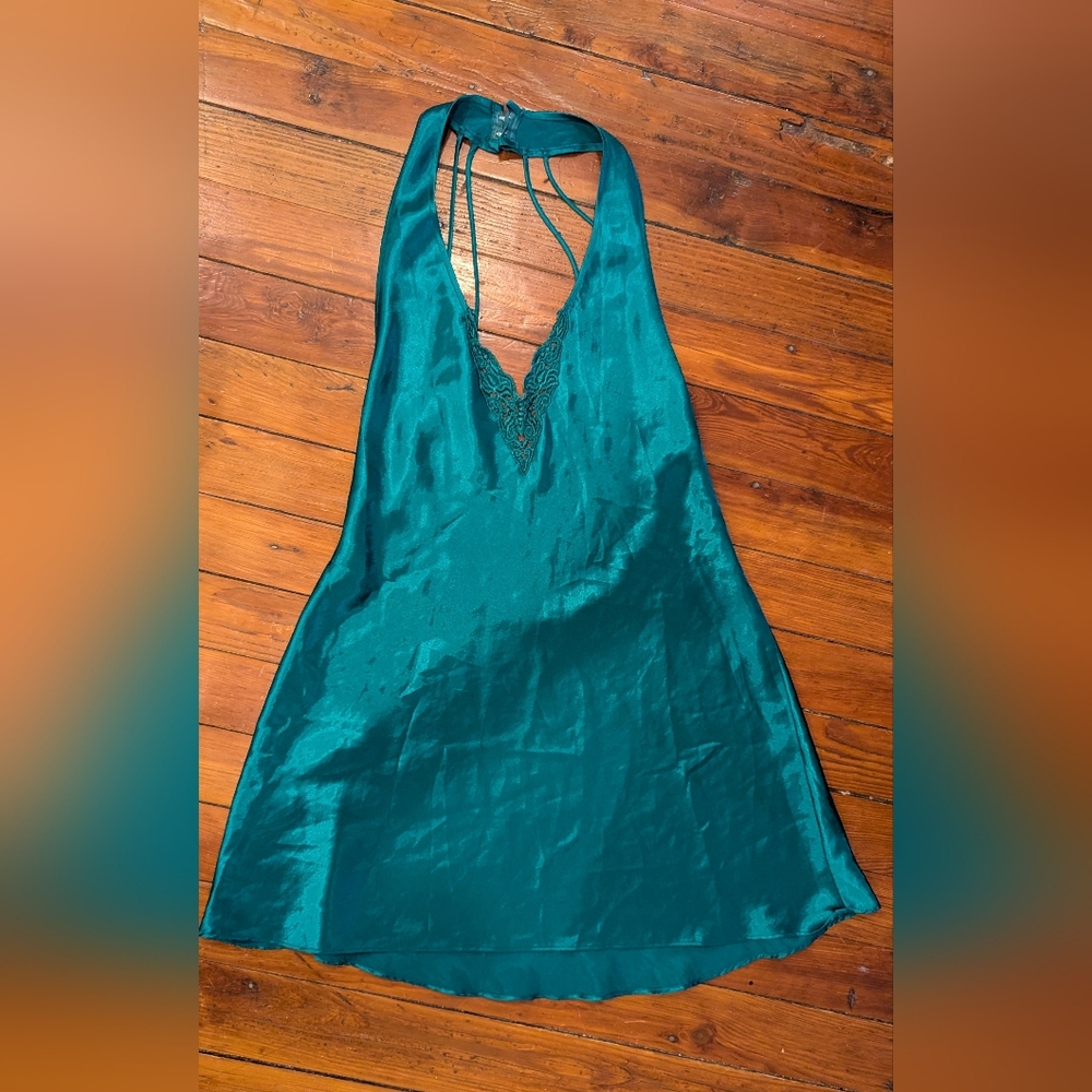 Teal Satin Slip Dress with Lace Detail